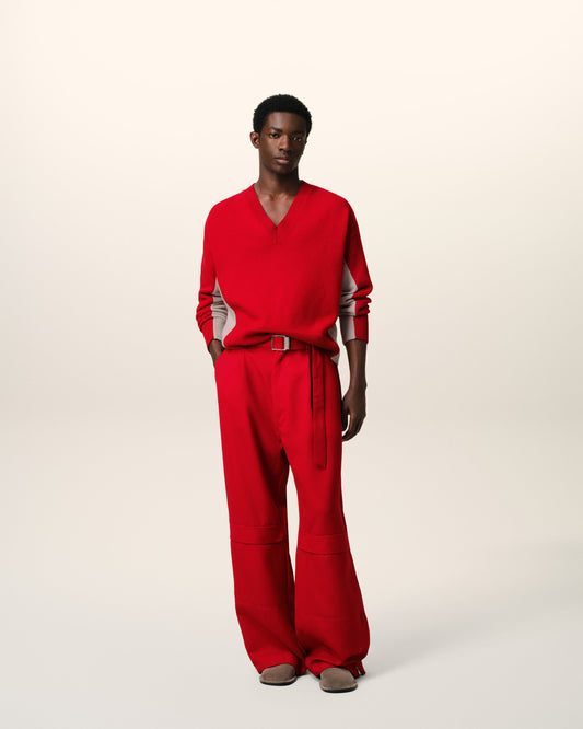 Red Wool Knit Bicolor V Neck Sweater