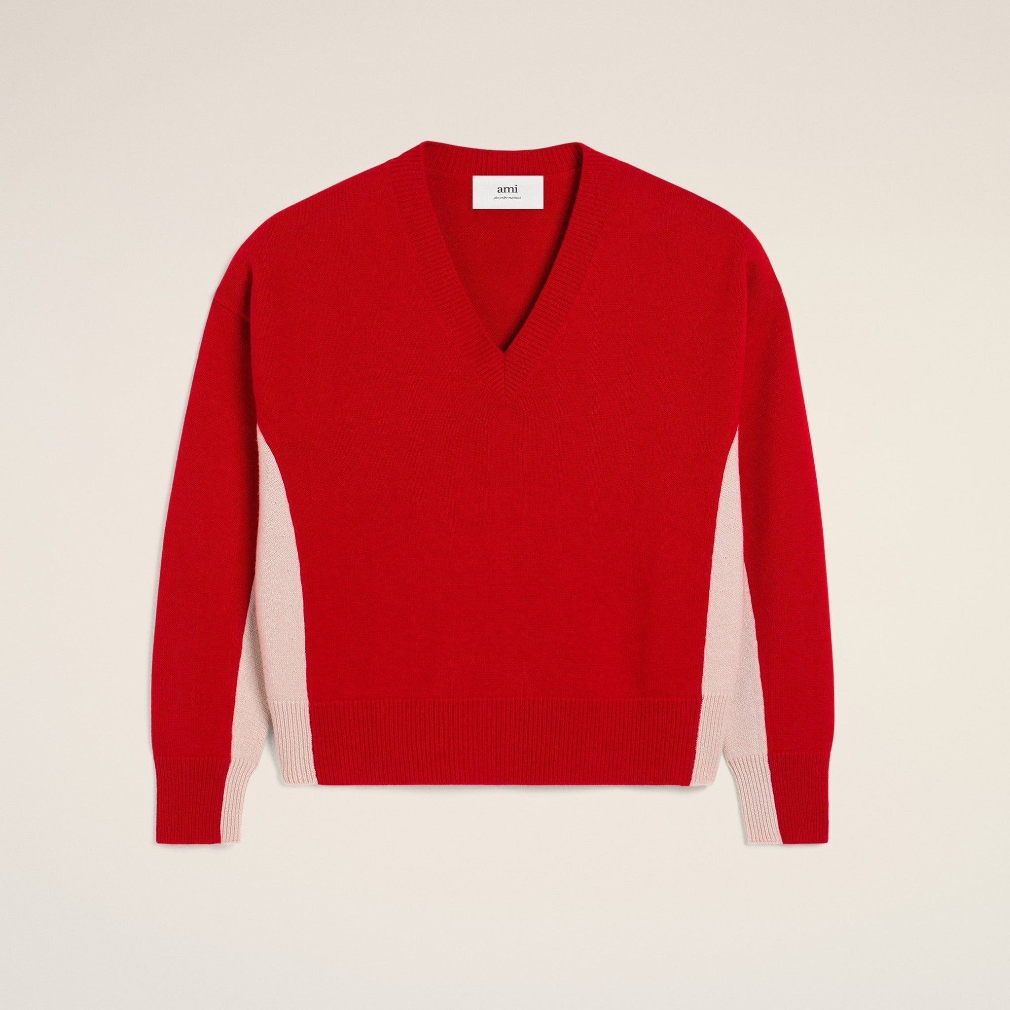Red Wool Knit Bicolor V Neck Sweater
