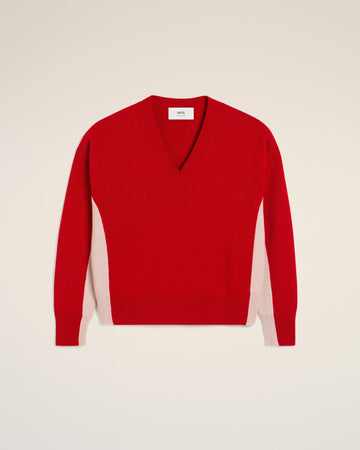 Red Wool Knit Bicolor V Neck Sweater
