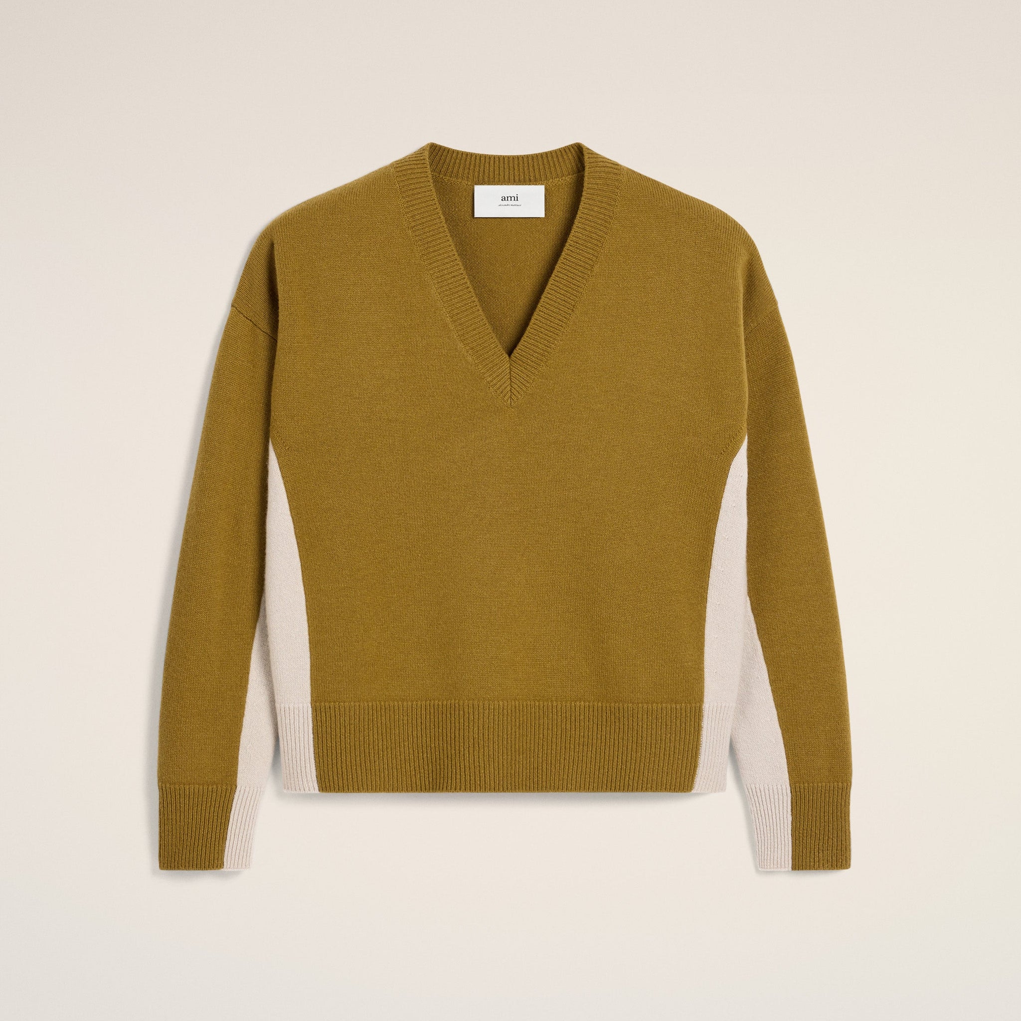 Khaki Wool Knit Bicolor V Neck Sweater