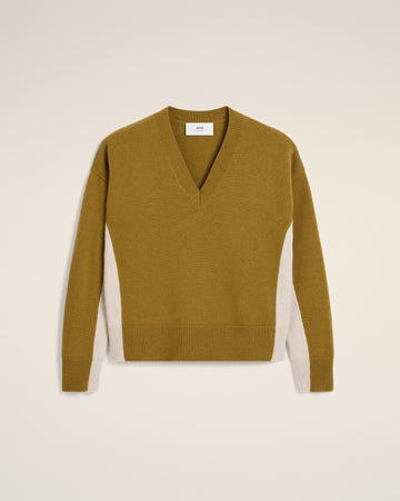 Khaki Wool Knit Bicolor V Neck Sweater