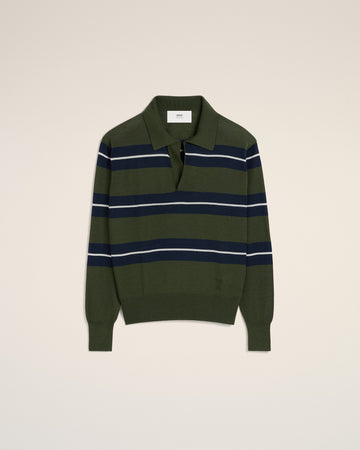 Green Wool Silk Tonal Striped Polo