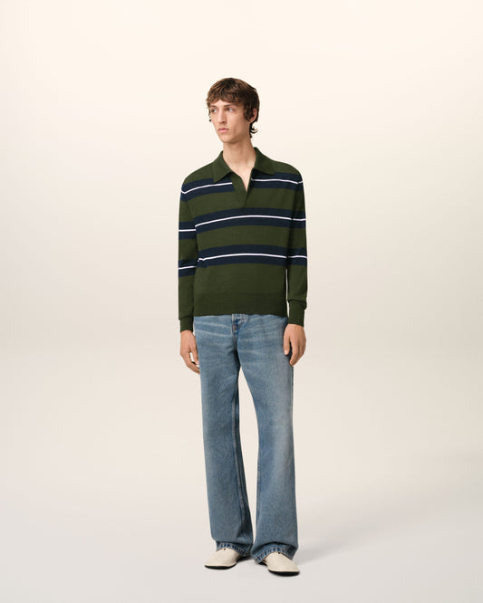Green Wool Silk Tonal Striped Polo