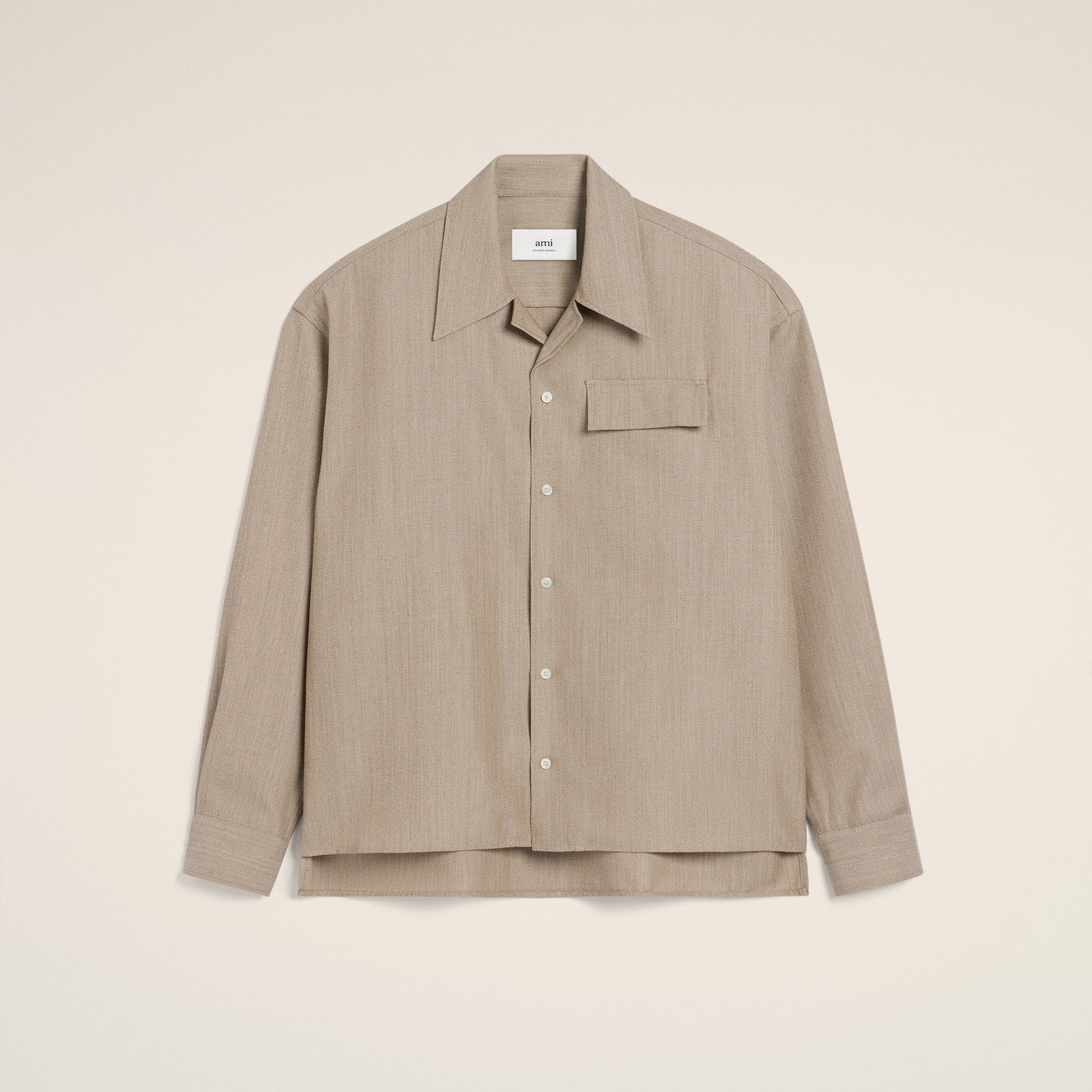 Beige Wool Long Sleeve Camp Collar Overshirt
