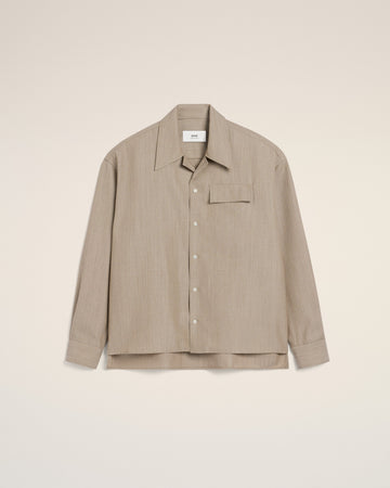 Beige Wool Long Sleeve Camp Collar Overshirt