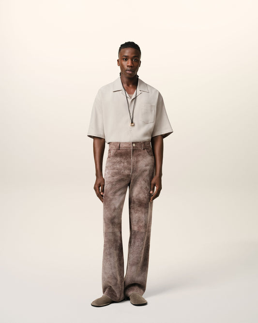 Beige Cotton Camp Collar Short Sleeves Shirt