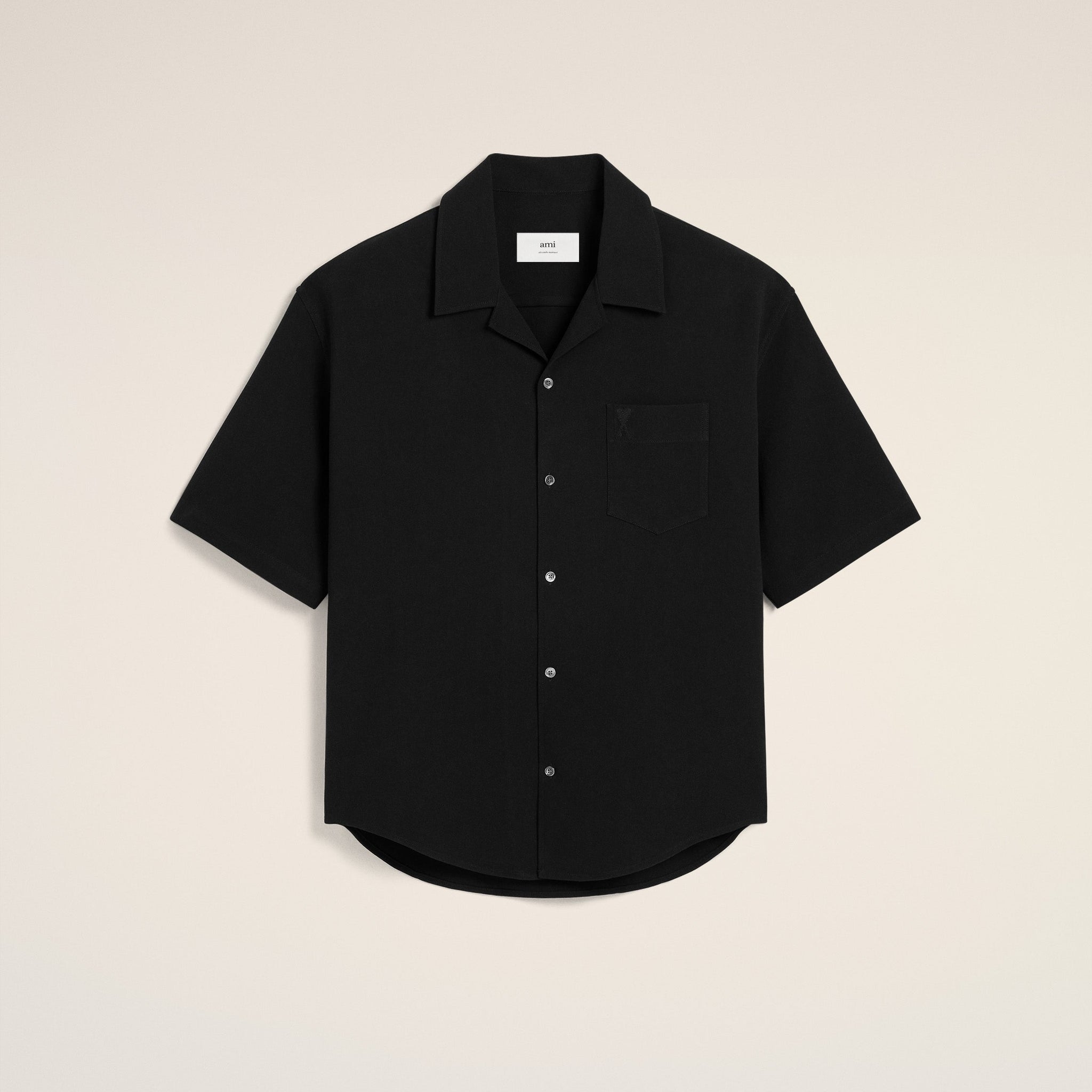 Black Cotton Camp Collar Short Sleeves Shirt