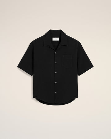 Black Cotton Camp Collar Short Sleeves Shirt