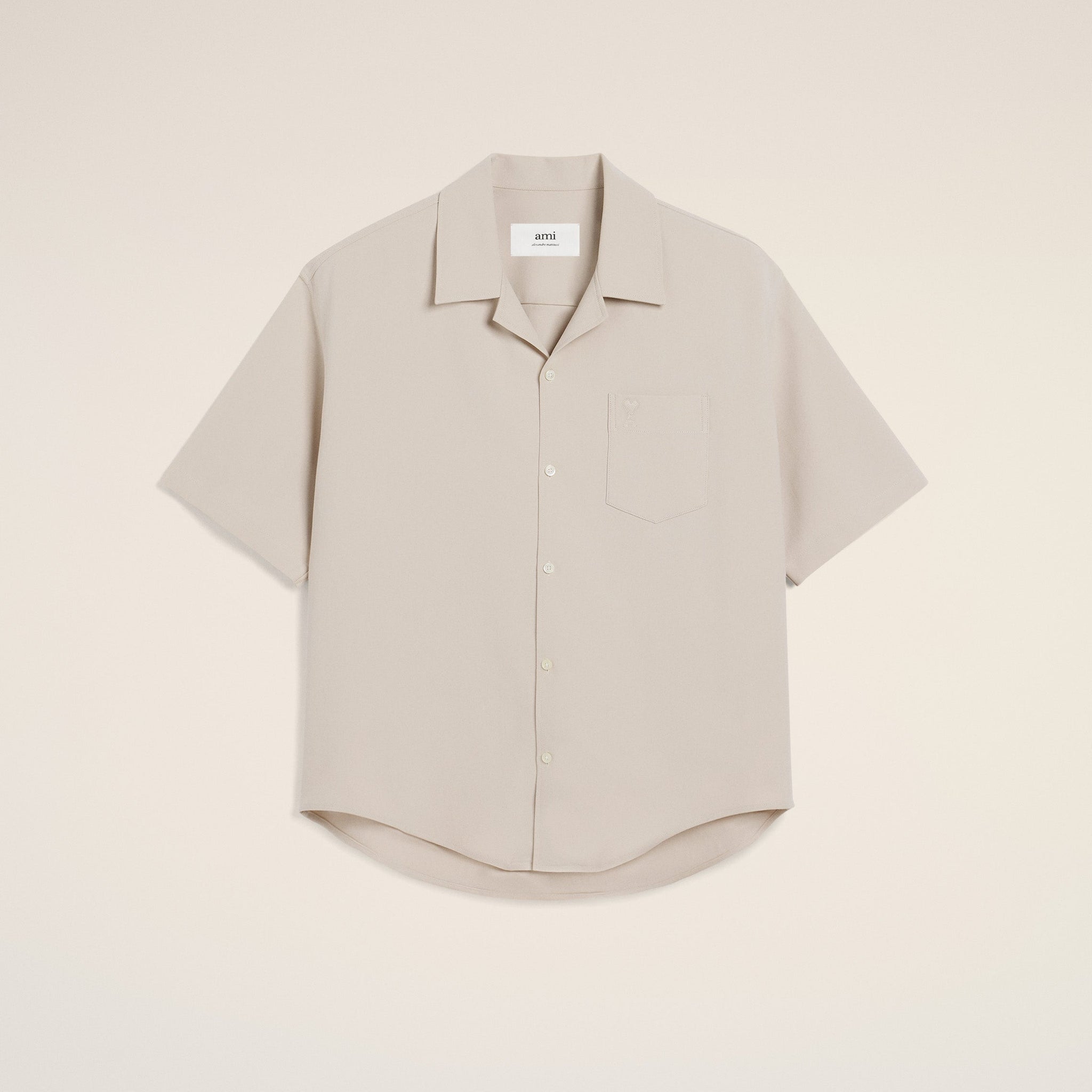 Beige Cotton Camp Collar Short Sleeves Shirt