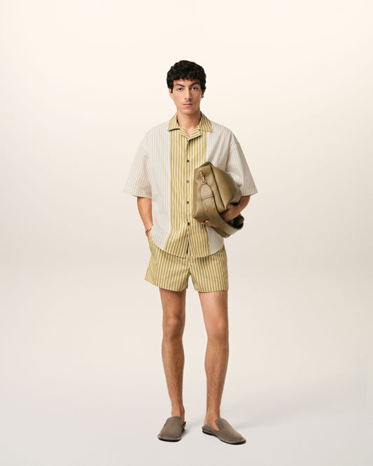 White And Khaki Cotton Short Sleeve Boxy Shirt