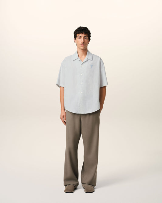 Blue Cotton Camp Collar Short Sleeves Shirt