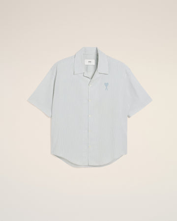 Blue Cotton Camp Collar Short Sleeves Shirt