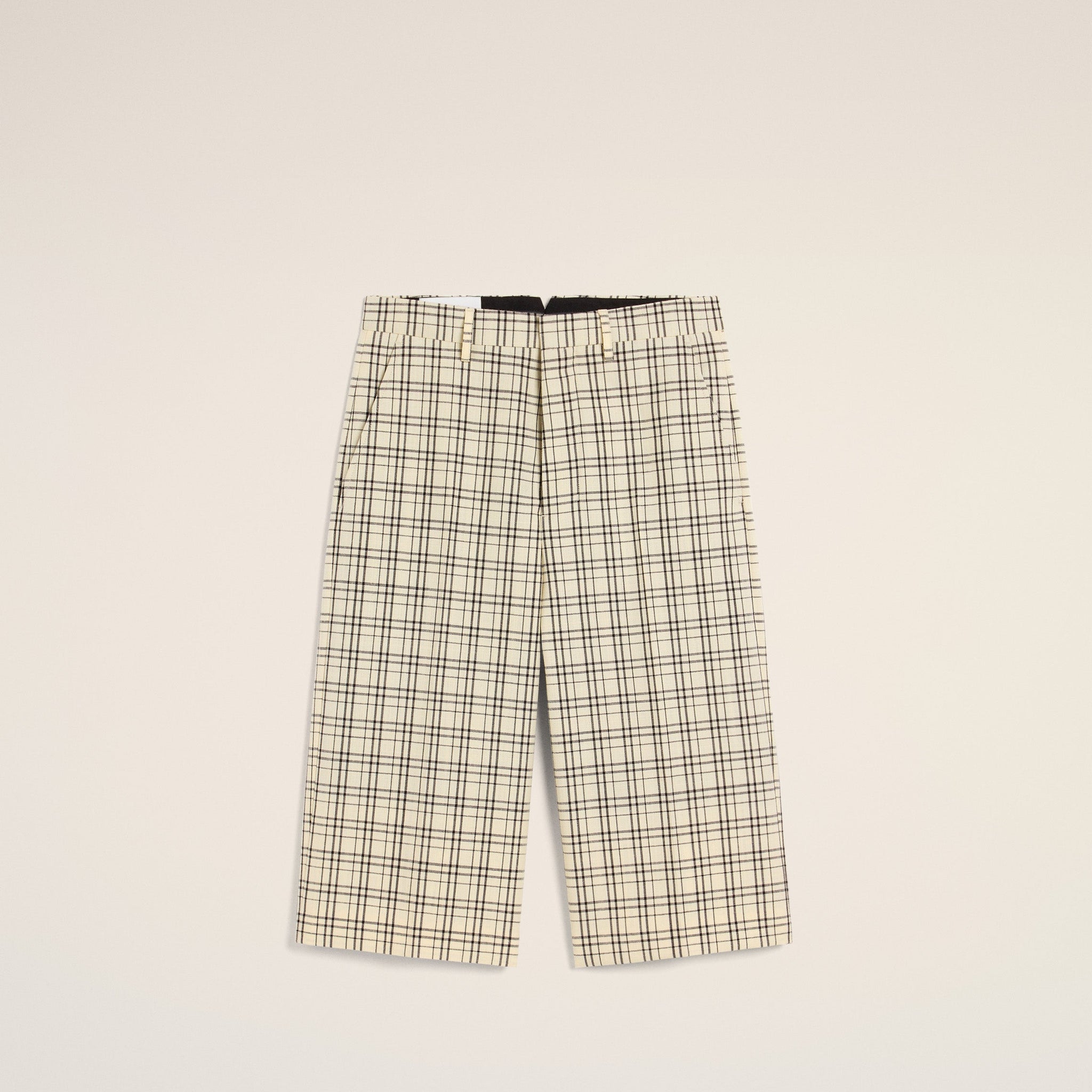 Beige Checked Wool Wide Bermuda