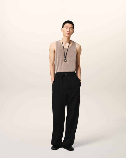 Black Wool Straight Fit Elasticated Trousers