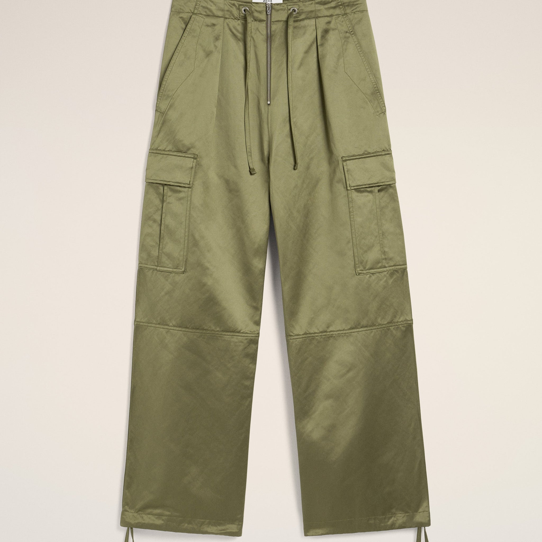 Green Cotton Satin Zipped Cargo Trousers
