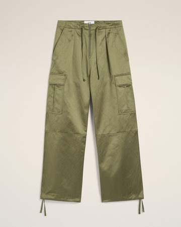 Green Cotton Satin Zipped Cargo Trousers