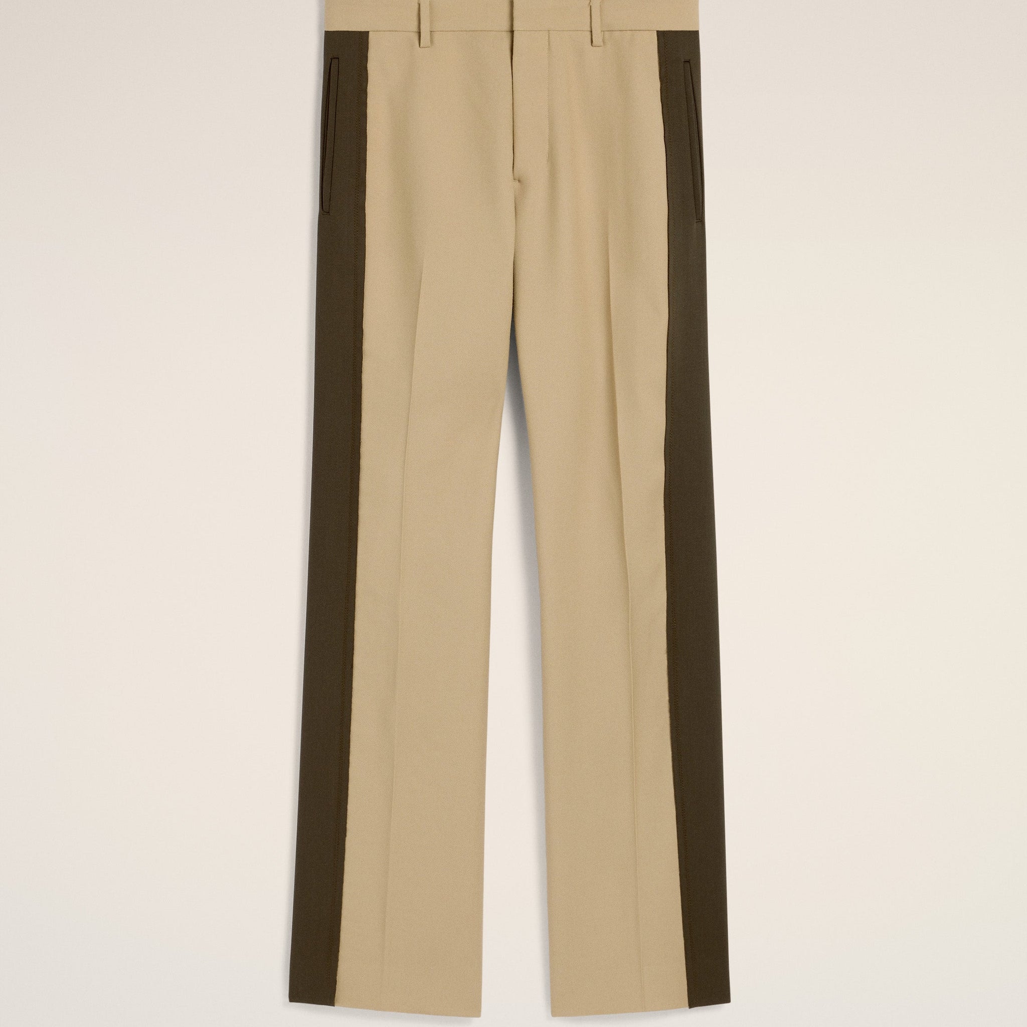 Beige Wool Contrasted Band Straight Trousers