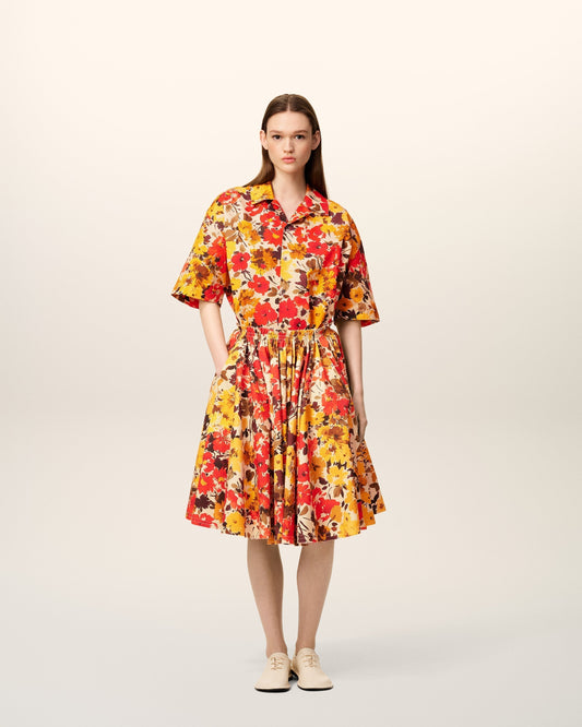 Yellow Floral Cotton Midi Skirt With Godets