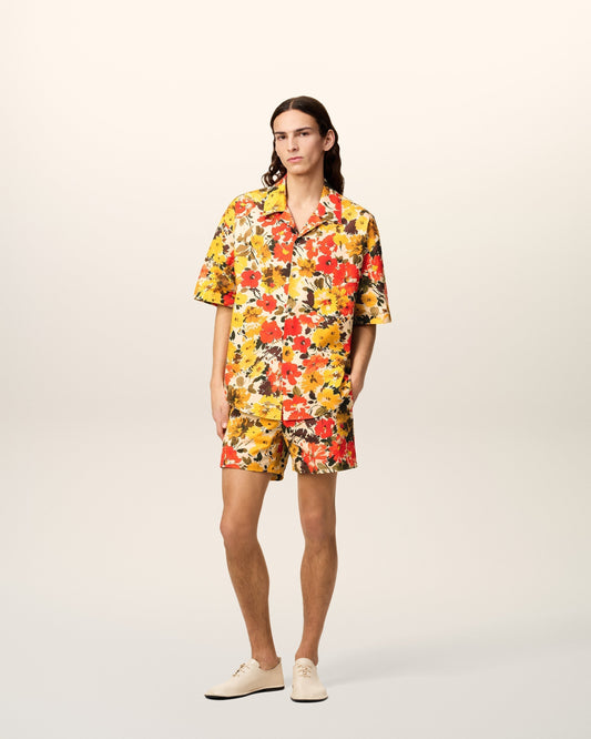 Yellow Floral Cotton Short Sleeves Shirt