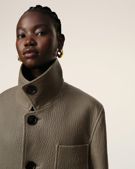 Taupe Leather Buttoned Jacket