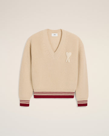 Beige Wool Ribbed V Neck Sweater