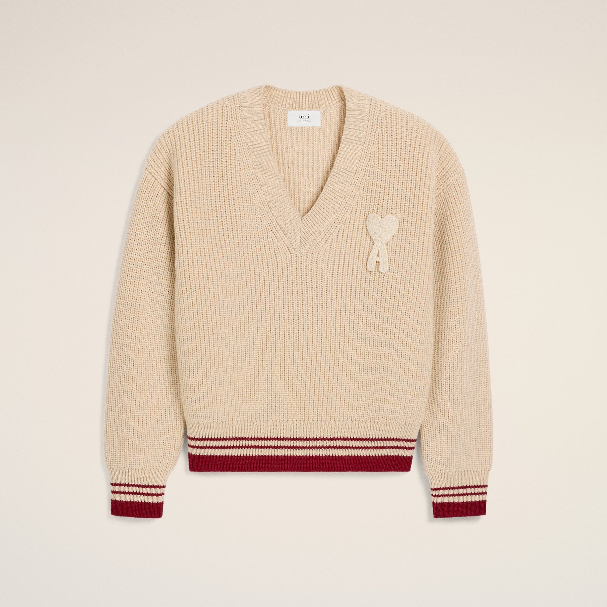 Beige Wool Ribbed V Neck Sweater