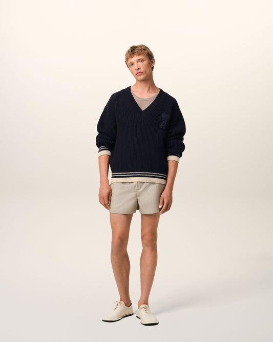 Navy Wool Ribbed V Neck Sweater