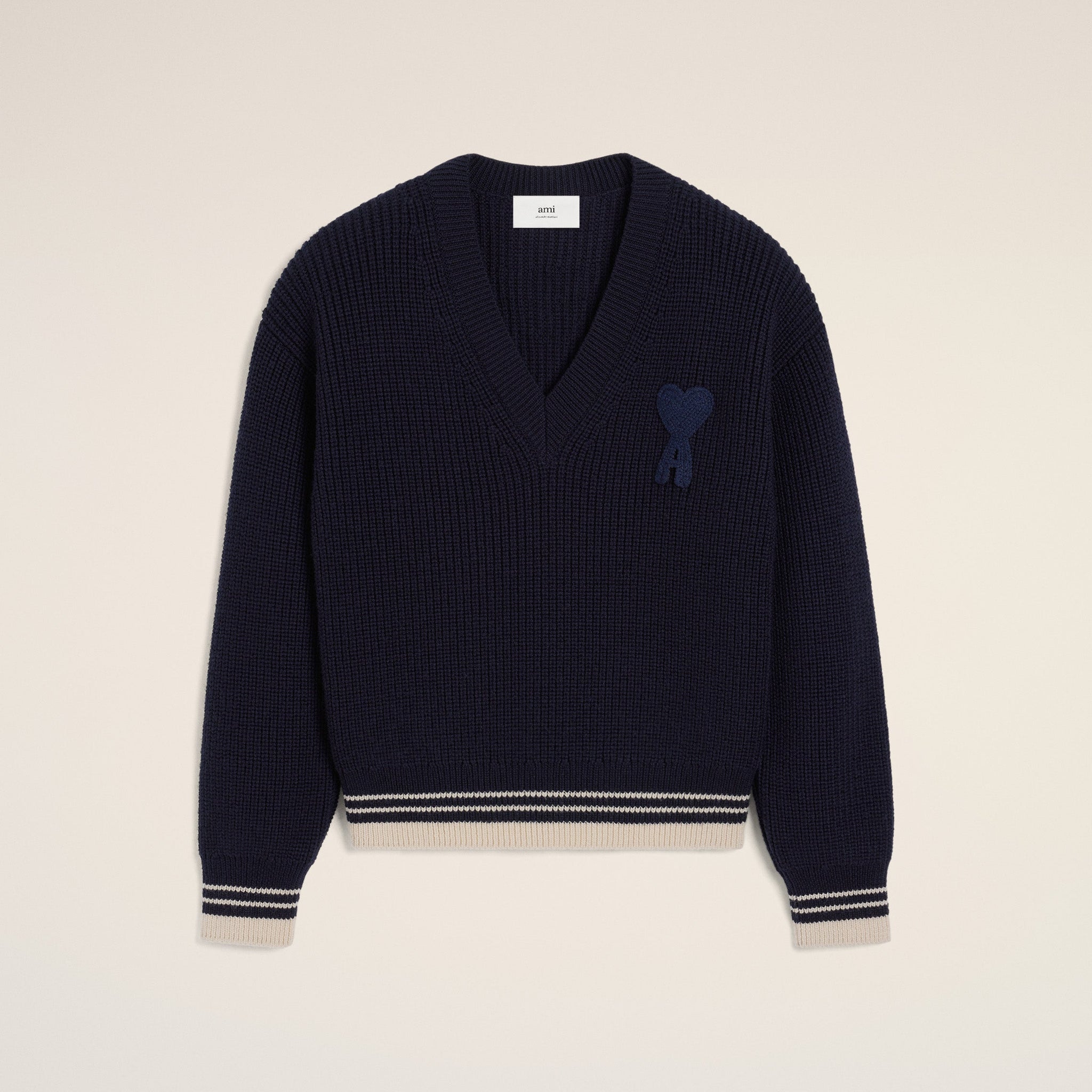 Navy Wool Ribbed V Neck Sweater