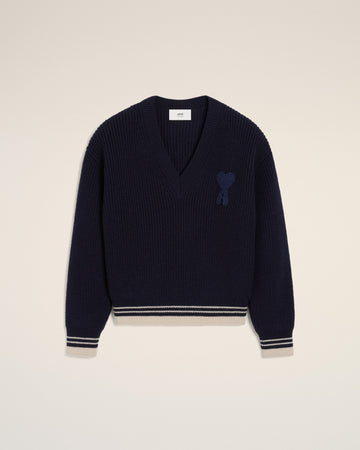 Navy Wool Ribbed V Neck Sweater