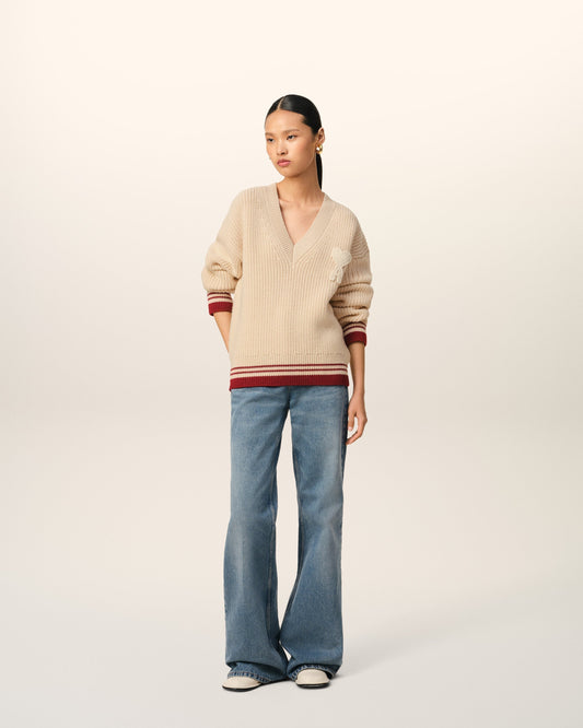 Beige Wool Ribbed V Neck Sweater