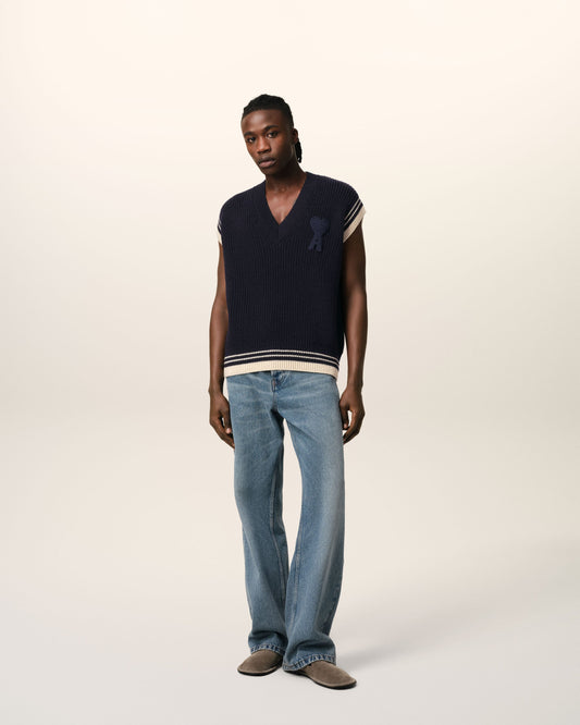 Navy Wool Ribbed Sleeveless V Neck Sweater