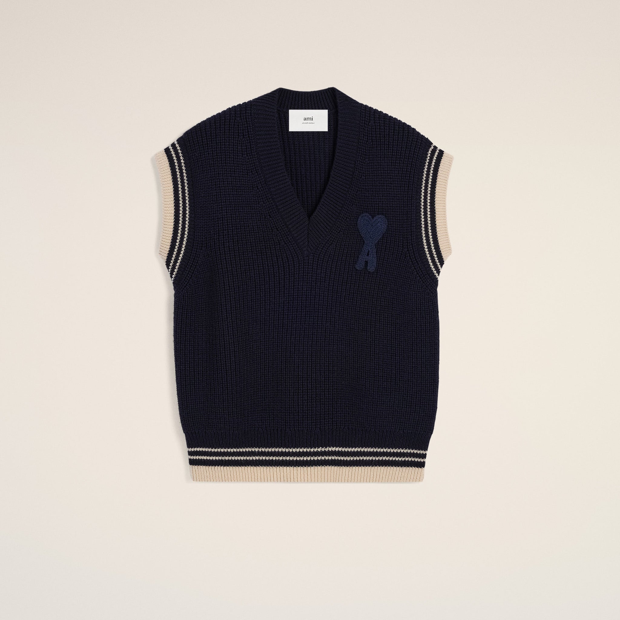 Navy Wool Ribbed Sleeveless V Neck Sweater