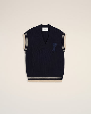 Navy Wool Ribbed Sleeveless V Neck Sweater