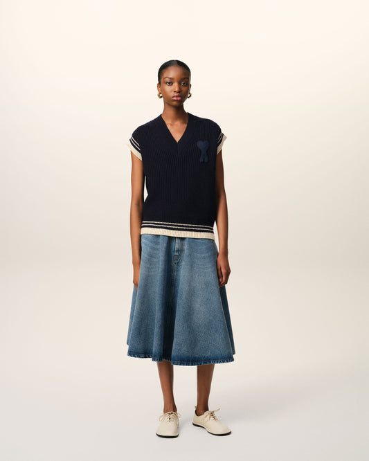 Navy Wool Ribbed Sleeveless V Neck Sweater