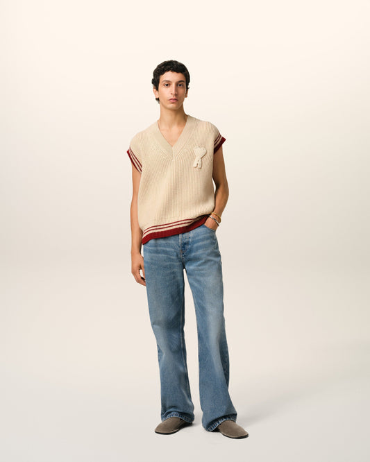 Beige Wool Ribbed Sleeveless V Neck Sweater