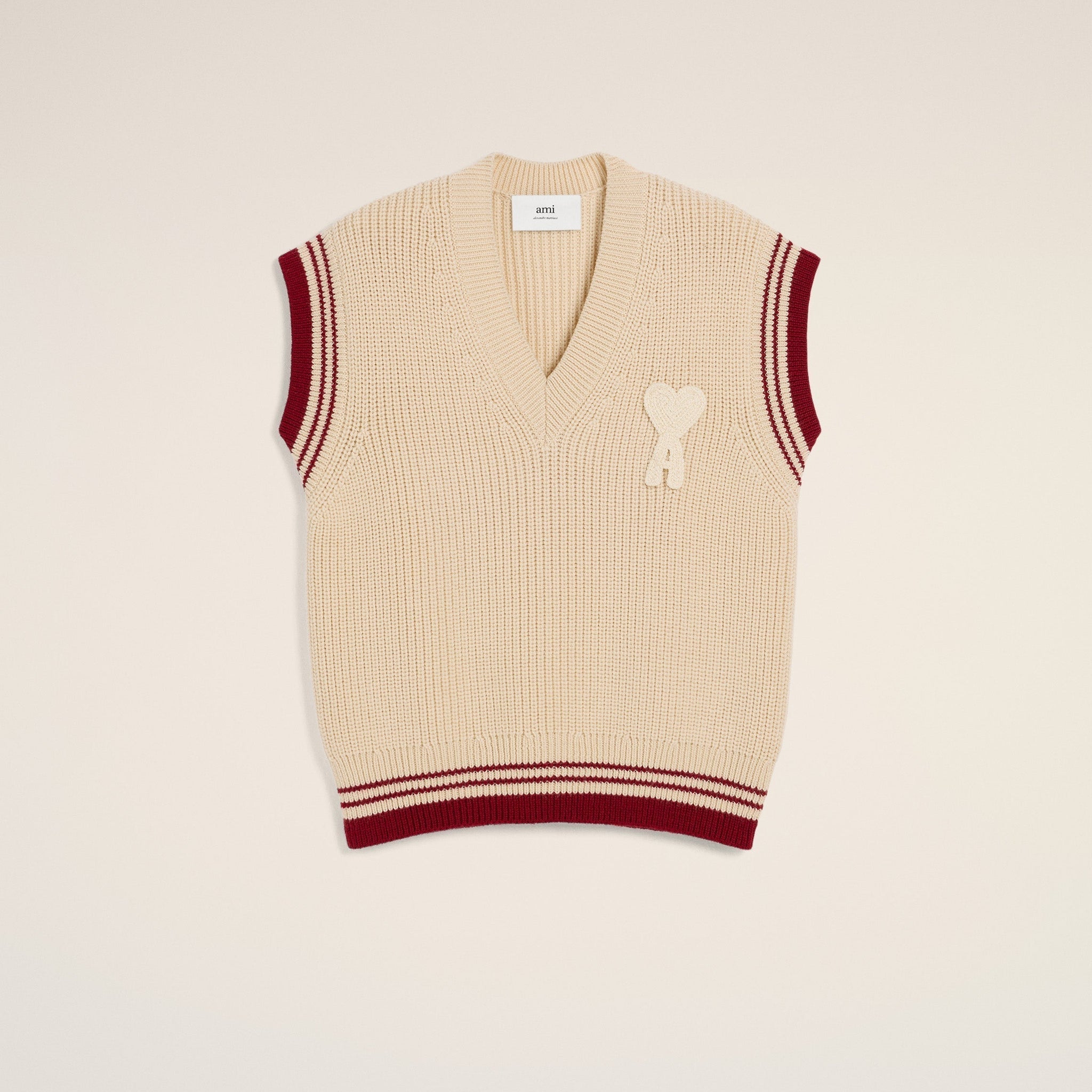 Beige Wool Ribbed Sleeveless V Neck Sweater