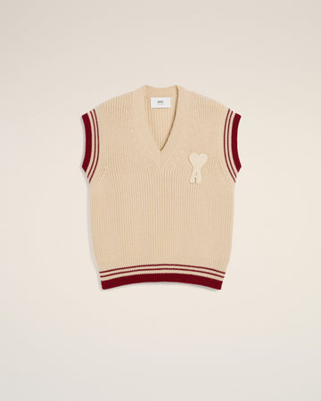 Beige Wool Ribbed Sleeveless V Neck Sweater