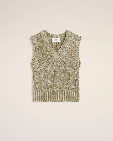 Green Cotton And Wool Sleeveless V Neck Sweater