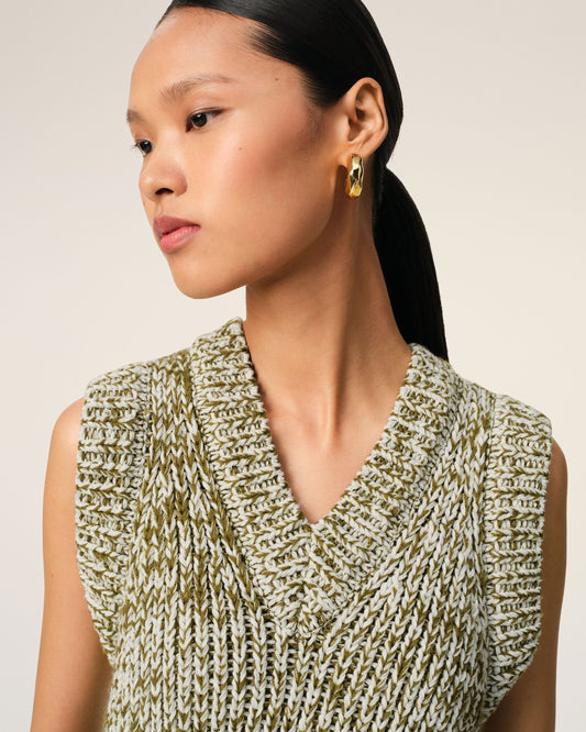 Green Cotton And Wool Sleeveless V Neck Sweater