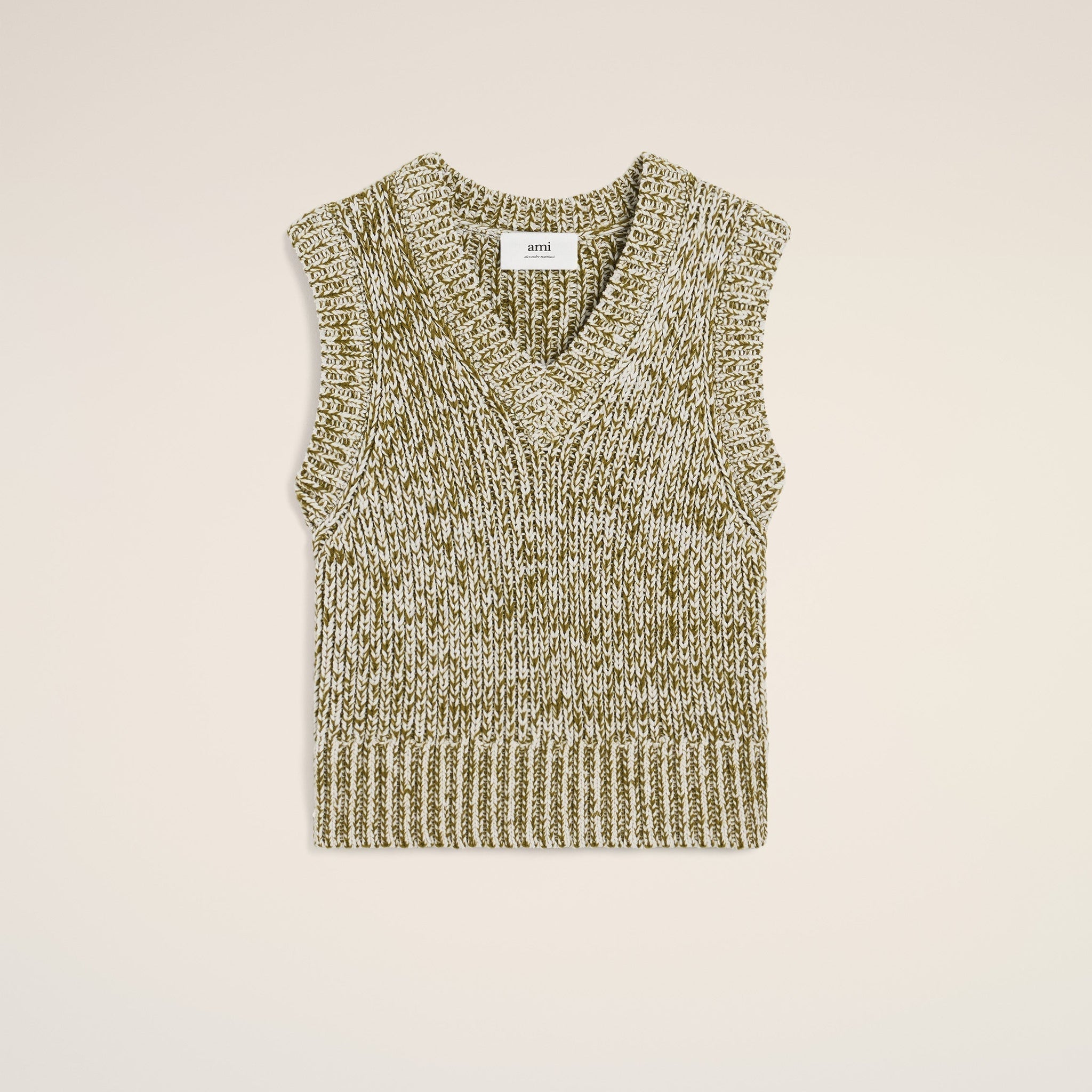 Green Cotton And Wool Sleeveless V Neck Sweater