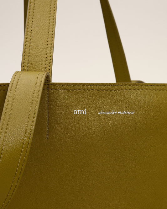 Khaki Leather Midi Tote Bag
