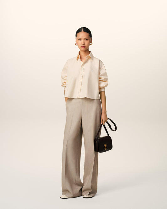 Beige Cotton Cropped Oversized Shirt