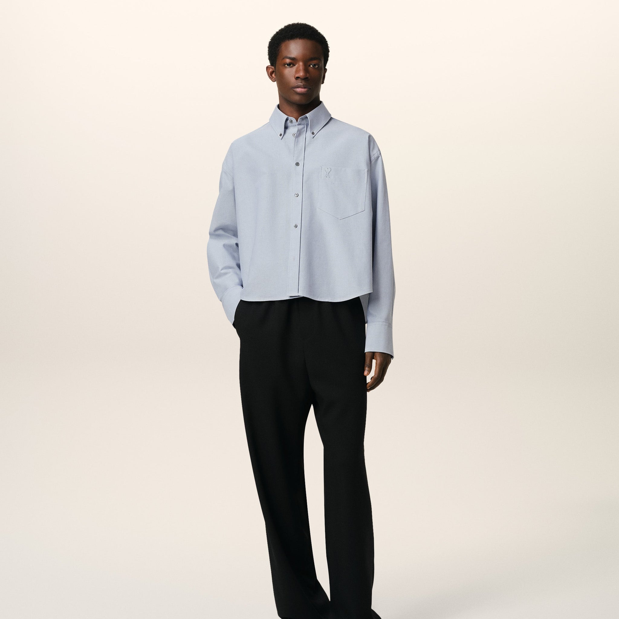 Blue Cotton Button-Down Cropped Oversized Shirt