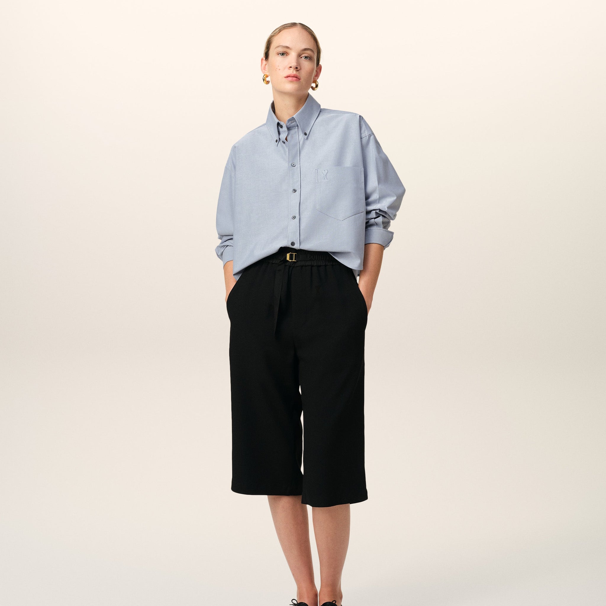 Blue Cotton Button-Down Cropped Oversized Shirt