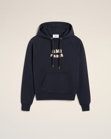 Navy Cotton Hoodie With Ami Paris Patch